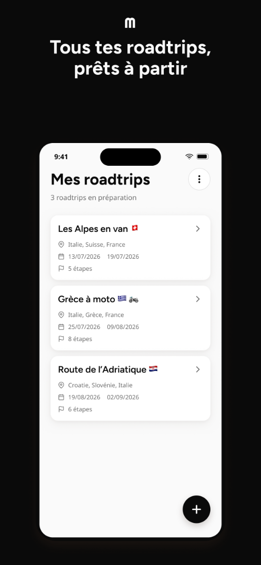 Écran d'accueil listant trois roadtrips avec leurs pays, dates et nombre d'étapes