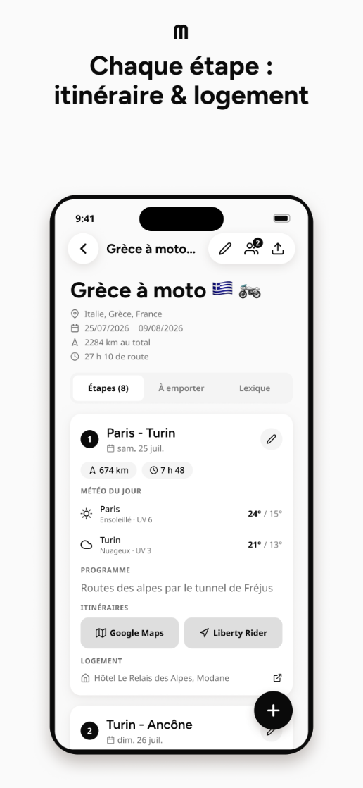 Fiche d'une étape avec son trajet, son moyen de transport et son programme