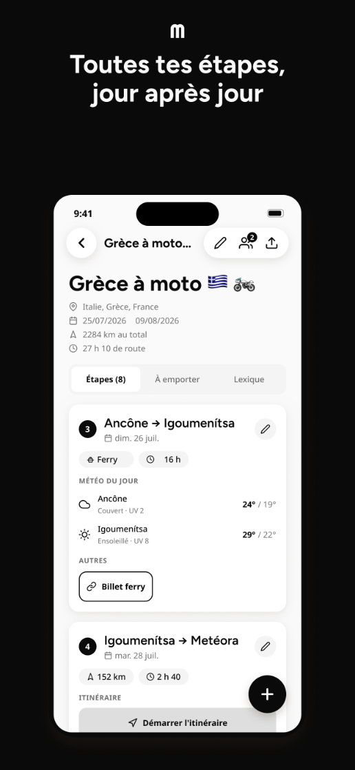 Liste ordonnée des étapes d'un roadtrip