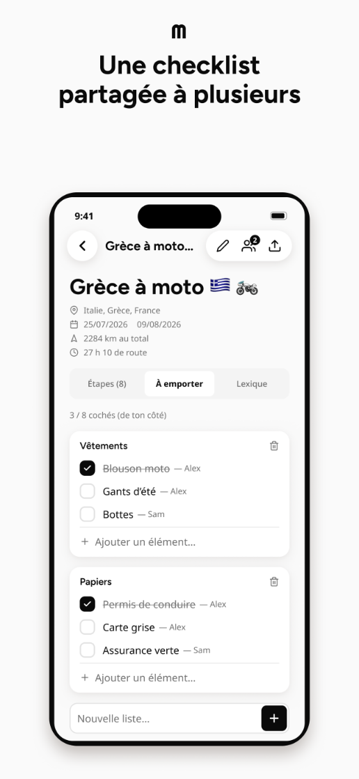 Checklist de matériel partagée, avec des affaires cochées