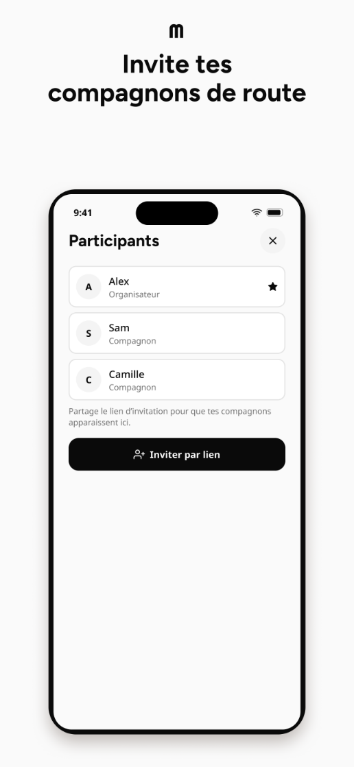 Écran d'invitation d'un compagnon par lien et par code